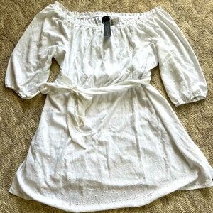 Lane Bryant white eyelet dress, off shoulder 3/4 length sleeve, lined